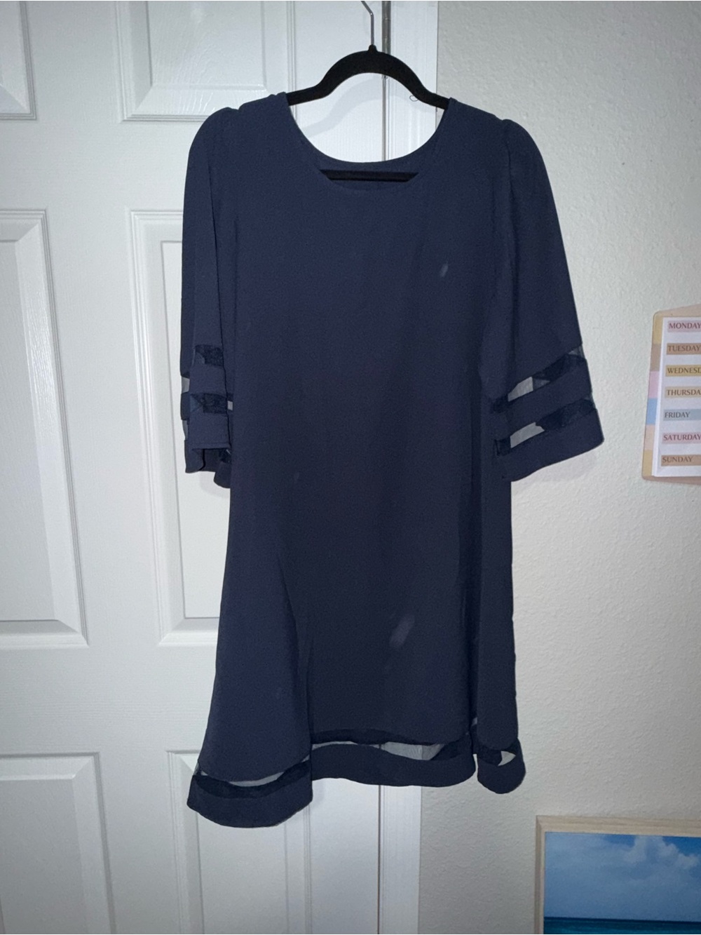 Navy Chiffon Shift Dress with Sheer Stripe Details